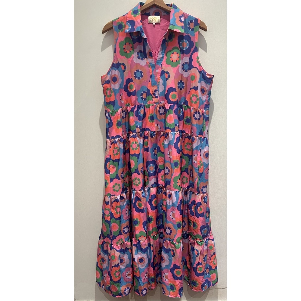 SNS The Label Floral Collared Sleeveless Maxi Dress Pink Multicolor XL Polyester